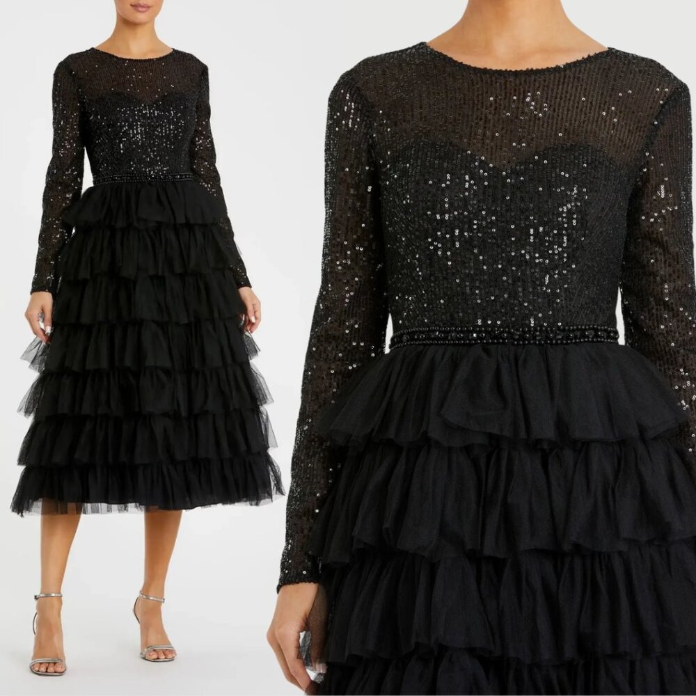 Mac Duggal 26299 Size 10 Black Long Sleeve Ruffled Tulle Tiered Midi Party Dress